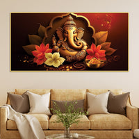 Charming Lord Ganesha Blessing Canvas Wall Painting with Lotus Flower Art for Home & Office Decoration – Modern Spiritual Wall Decor