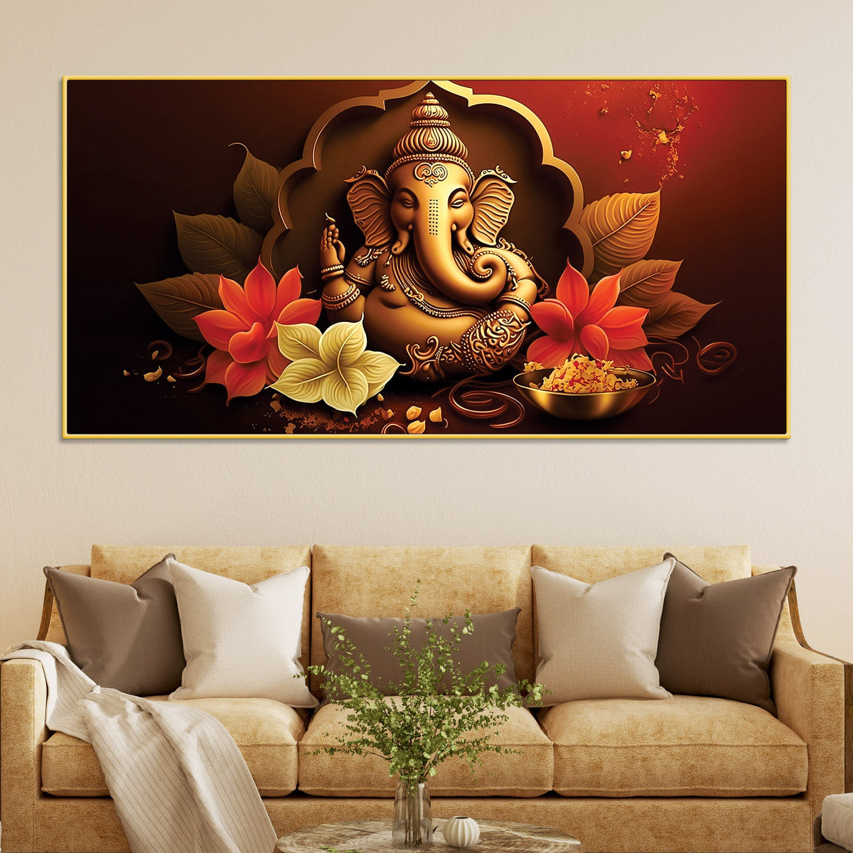 Charming Lord Ganesha Blessing Canvas Wall Painting with Lotus Flower Art for Home & Office Decoration – Modern Spiritual Wall Decor