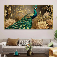 Charming Peacock Surrounded by Blooming Gold Flowers Canvas Wall Painting