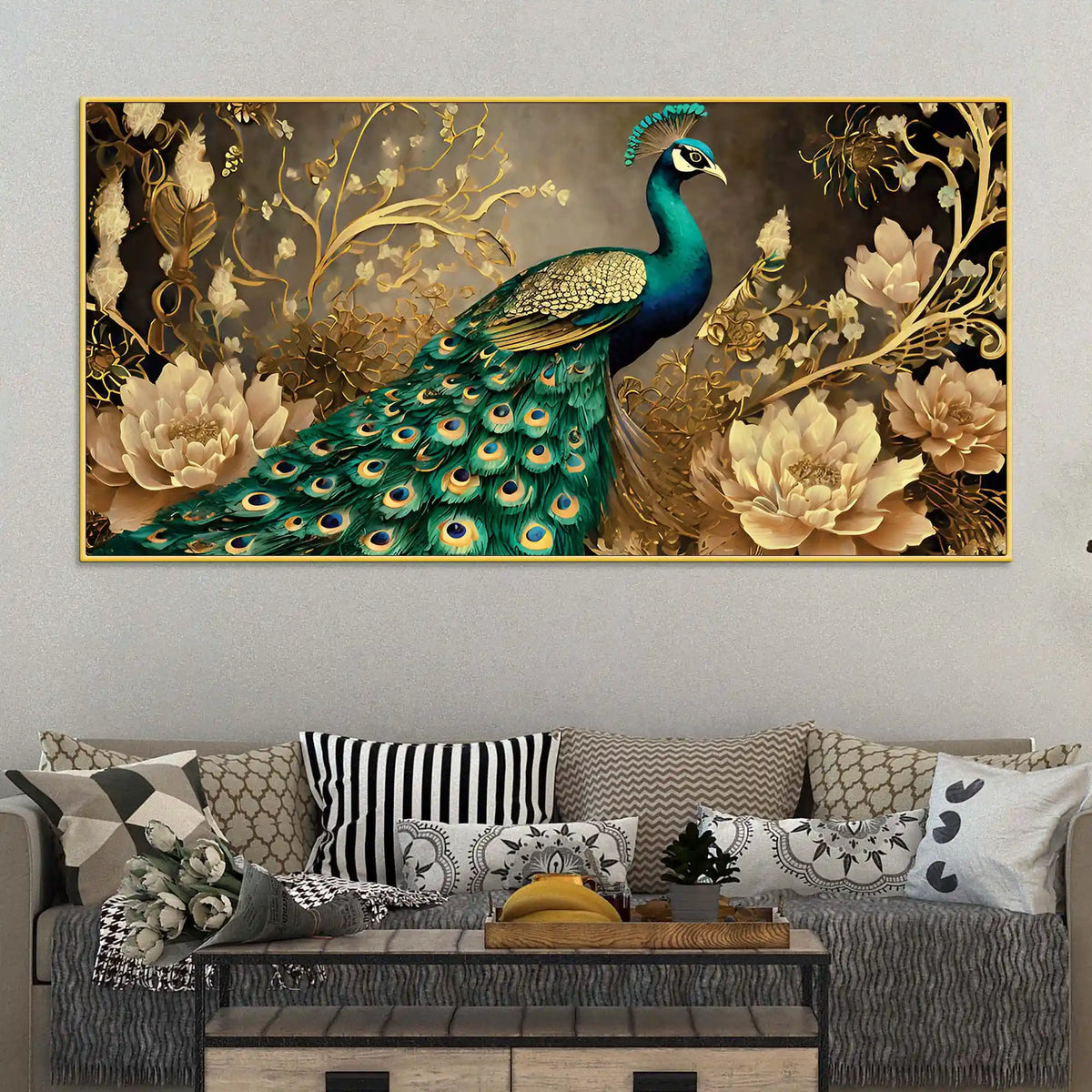 Charming Peacock Surrounded by Blooming Gold Flowers Canvas Wall Painting