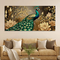 Charming Peacock Surrounded by Blooming Gold Flowers Canvas Wall Painting