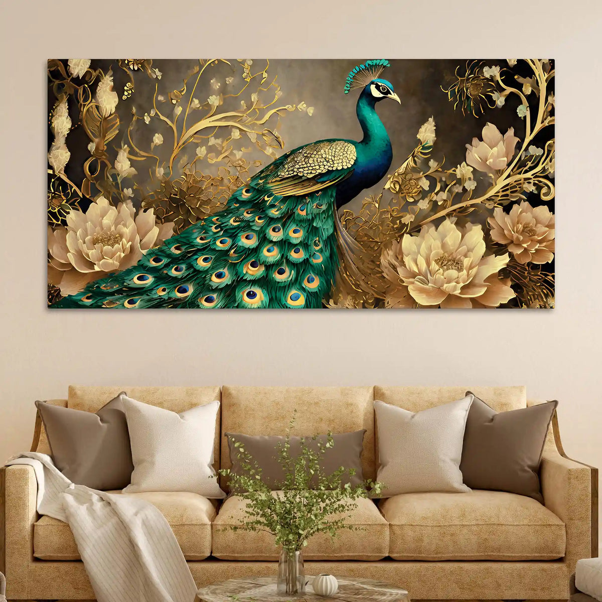 Charming Peacock Surrounded by Blooming Gold Flowers Canvas Wall Painting