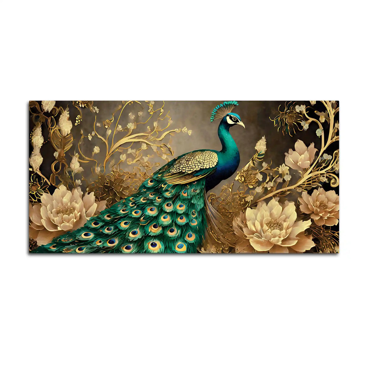 Charming Peacock Surrounded by Blooming Gold Flowers Canvas Wall Painting