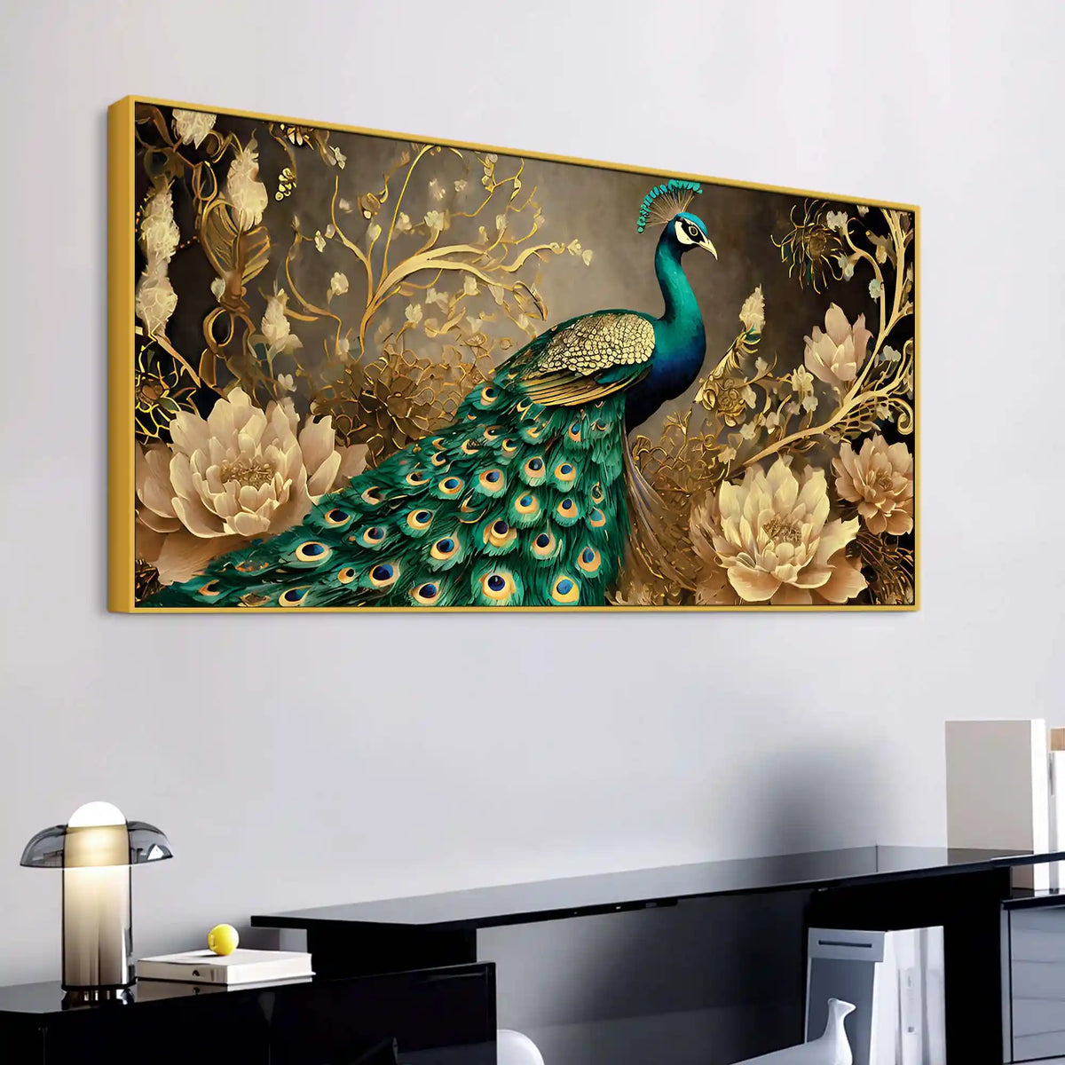 Charming Peacock Surrounded by Blooming Gold Flowers Canvas Wall Painting