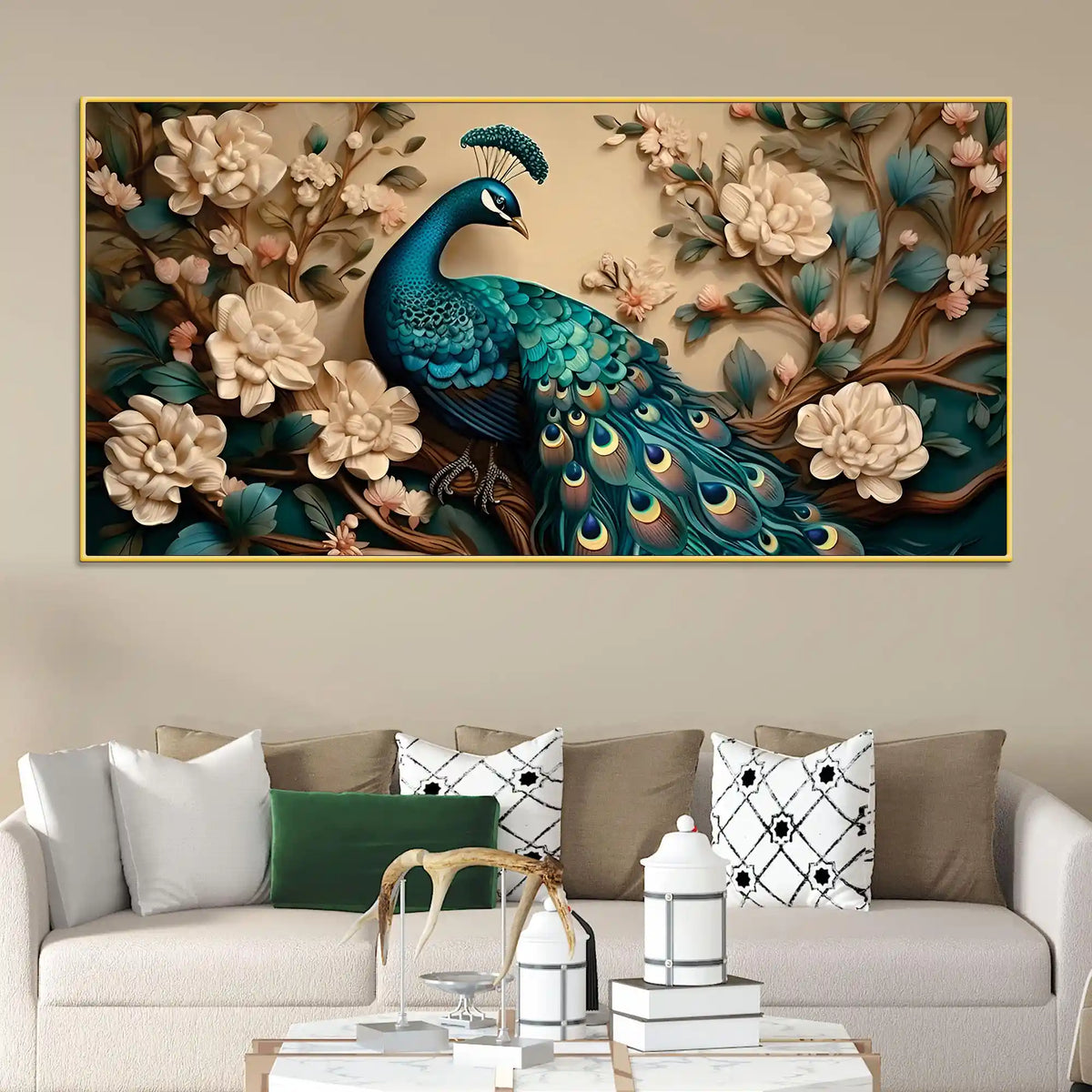 Charming Royal Peacock in a Soft Floral Paradise Canvas Wall Painting