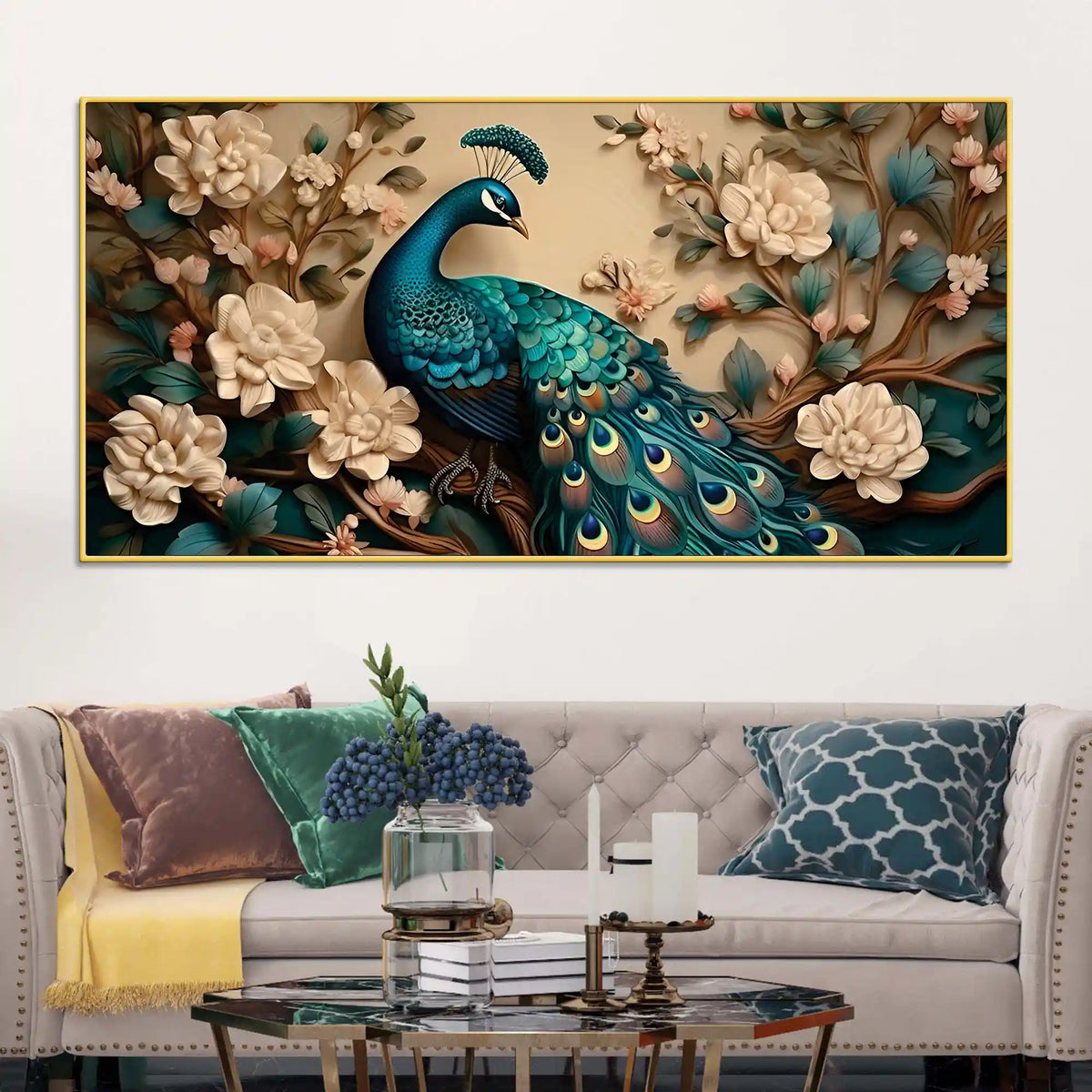 Charming Royal Peacock in a Soft Floral Paradise Canvas Wall Painting