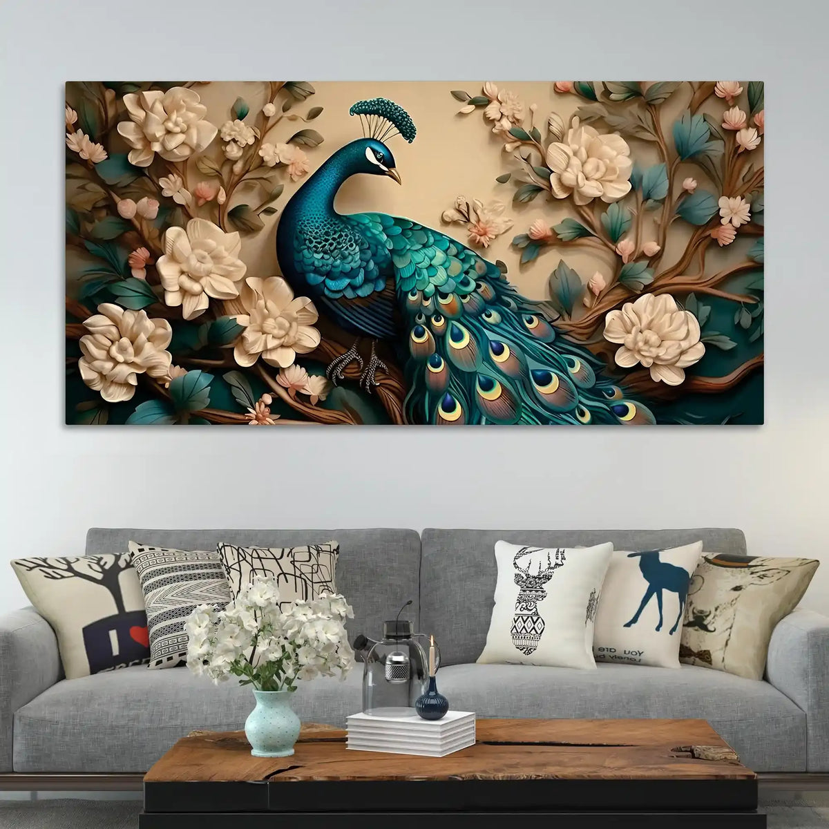 Charming Royal Peacock in a Soft Floral Paradise Canvas Wall Painting