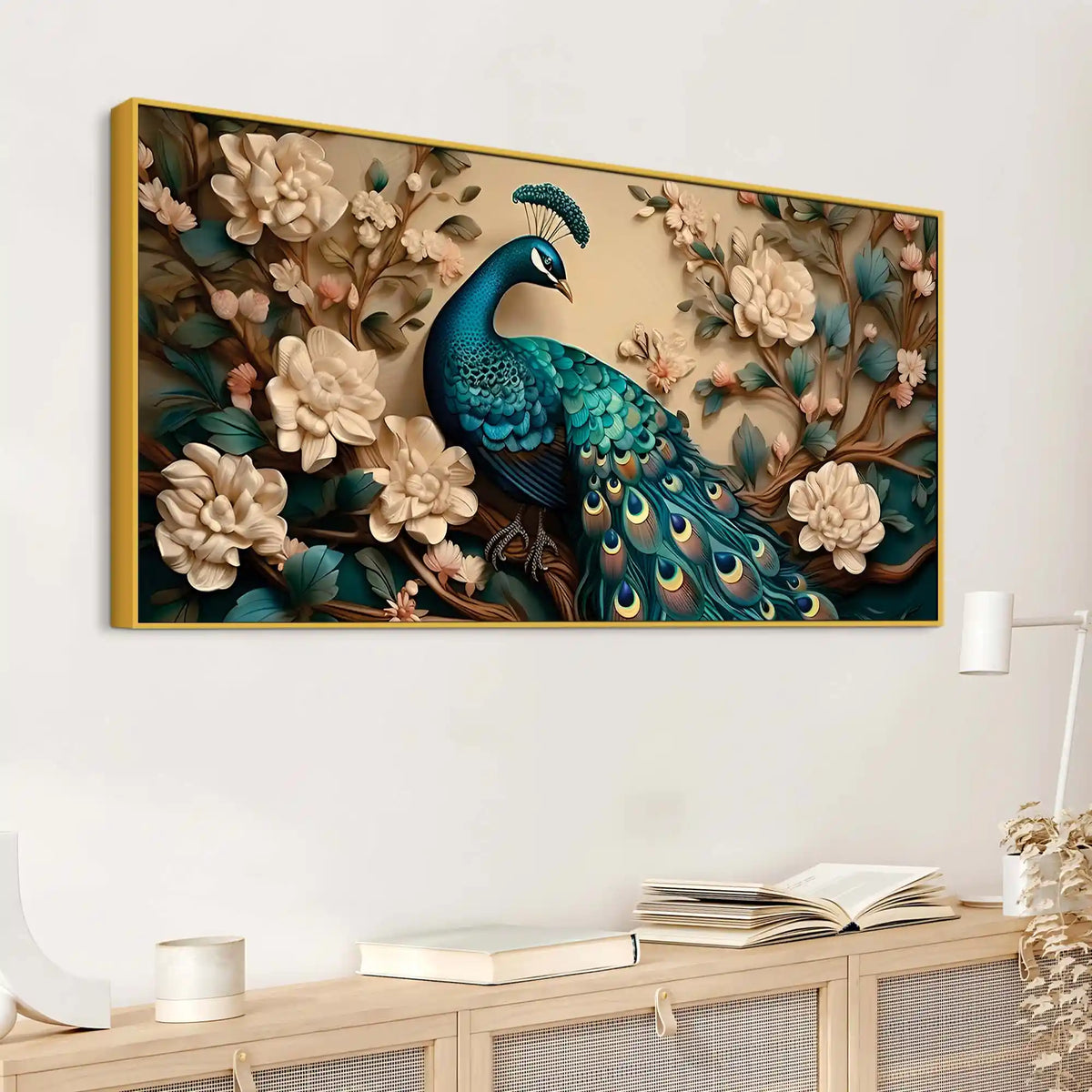 Charming Royal Peacock in a Soft Floral Paradise Canvas Wall Painting