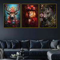Charming Stag, Lion in Hat & Elegant Zebra Floating Frame Crystal Wall Painting Set of 3