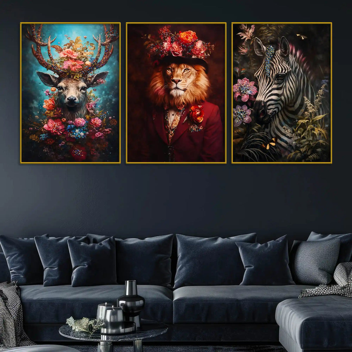 Charming Stag, Lion in Hat & Elegant Zebra Floating Frame Crystal Wall Painting Set of 3