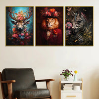 Charming Stag, Lion in Hat & Elegant Zebra Floating Frame Crystal Wall Painting Set of 3