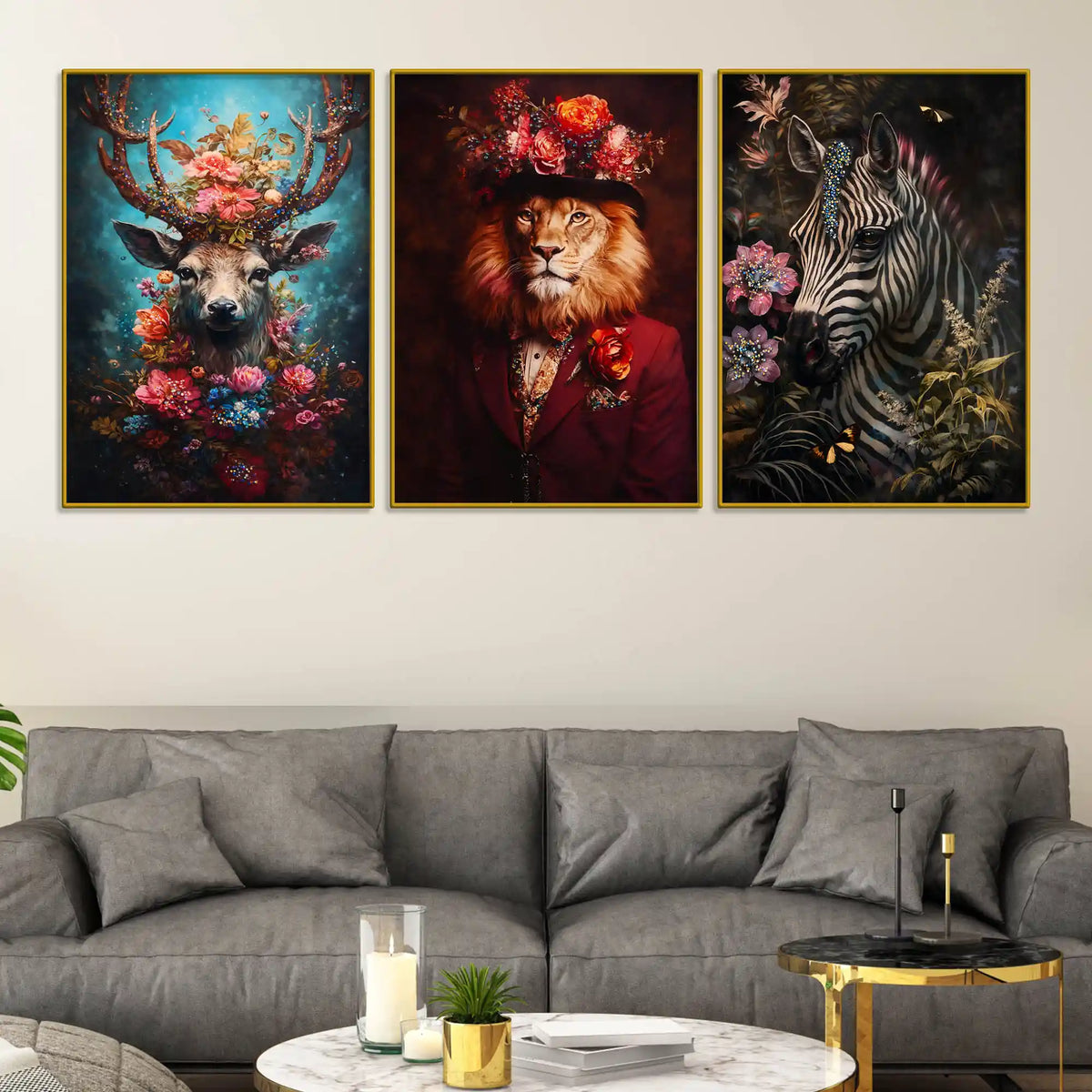 Charming Stag, Lion in Hat & Elegant Zebra Floating Frame Crystal Wall Painting Set of 3