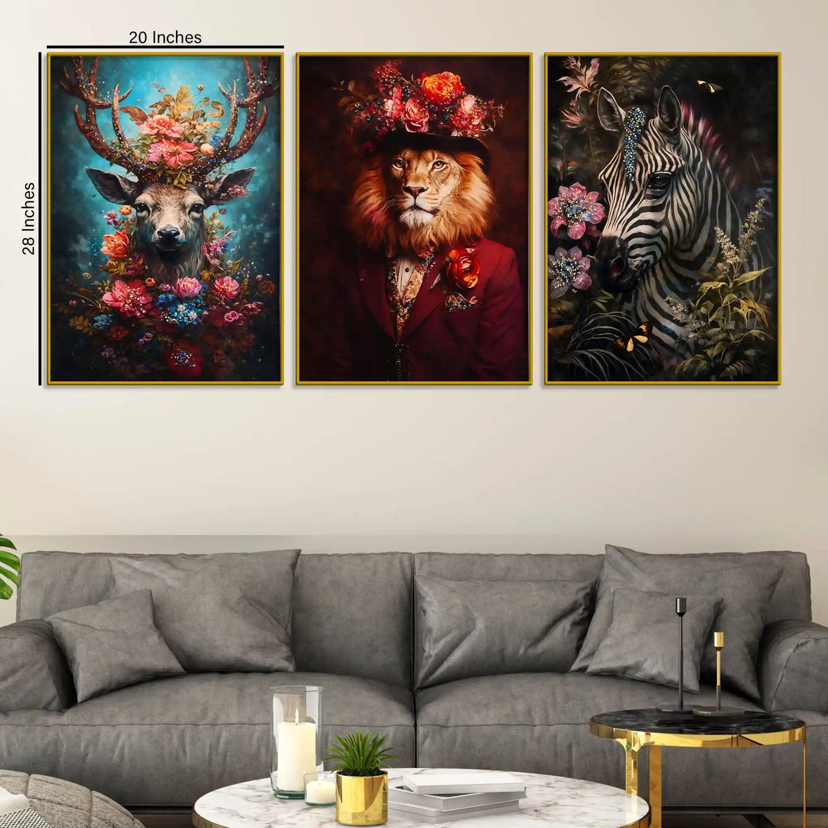 Charming Stag, Lion in Hat & Elegant Zebra Floating Frame Crystal Wall Painting Set of 3
