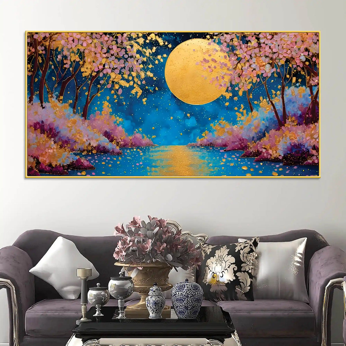 Cherry Blossom Moon Abstract Canvas Painting for Home Decor