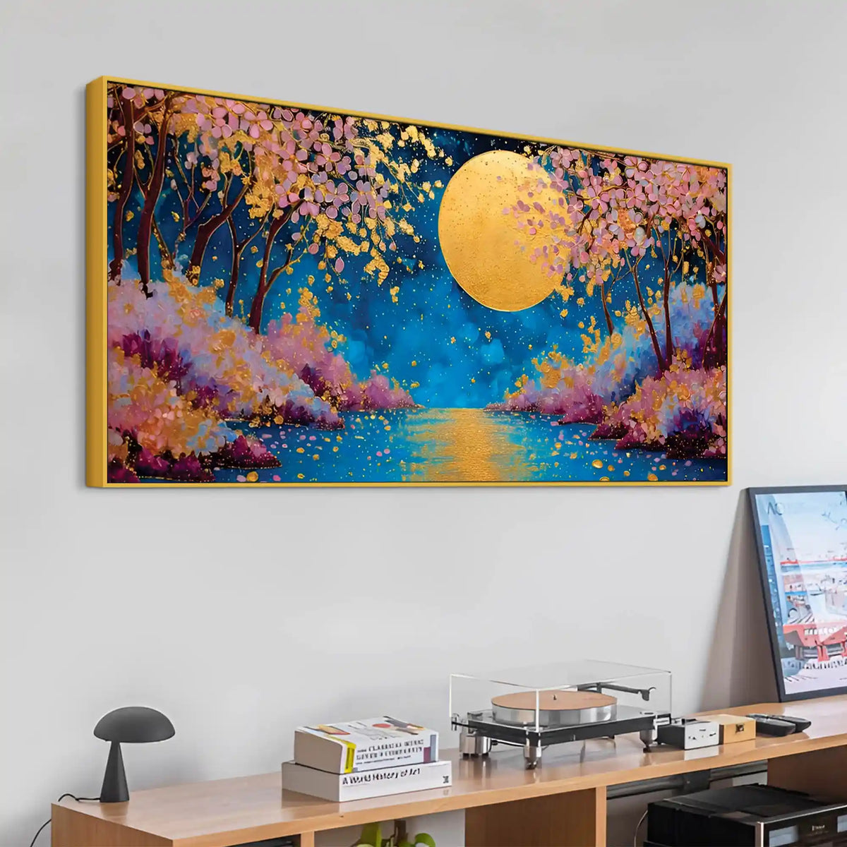 Cherry Blossom Moon Abstract Canvas Painting for Home Decor