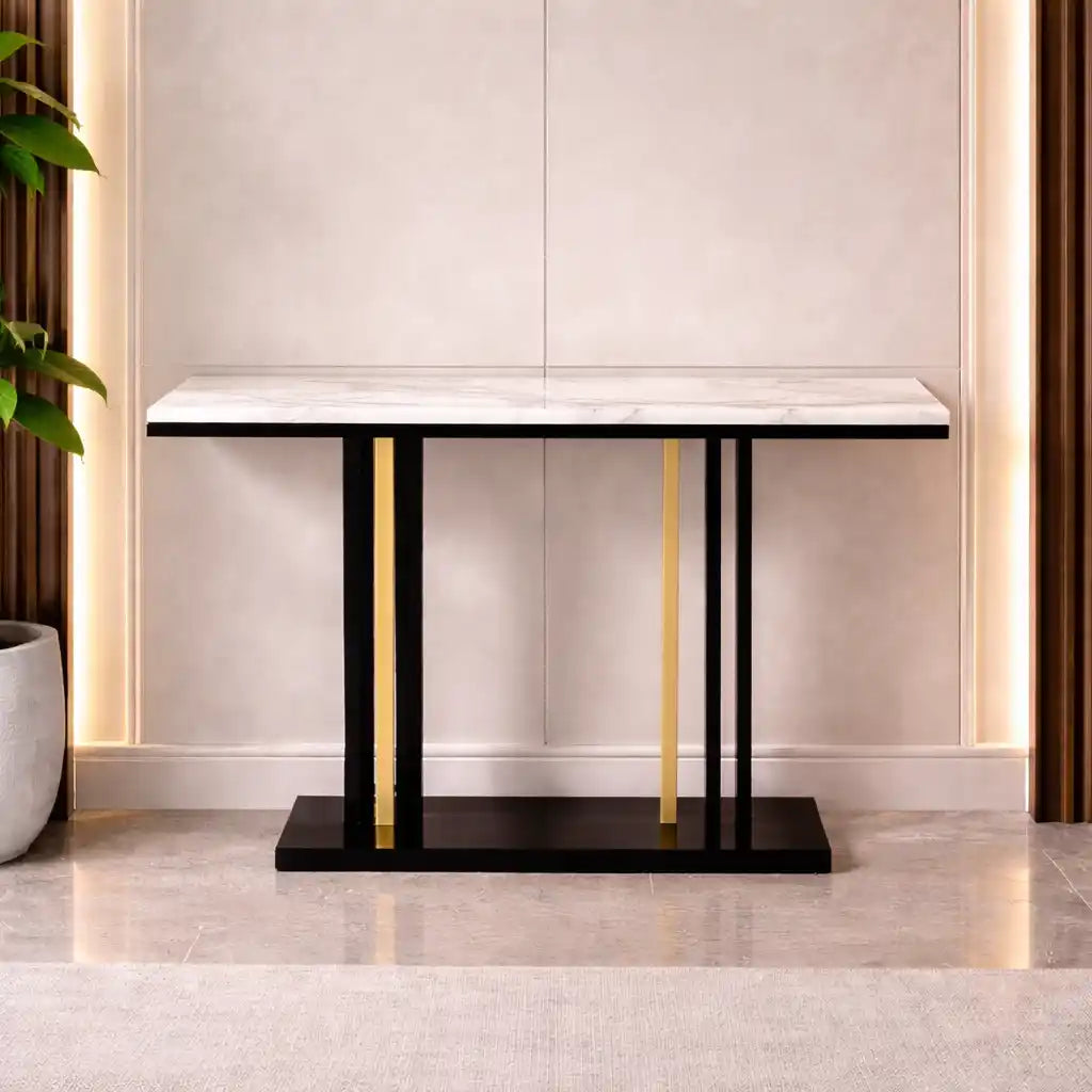 Chic White Marble Console with Sleek Black and Gold Frame