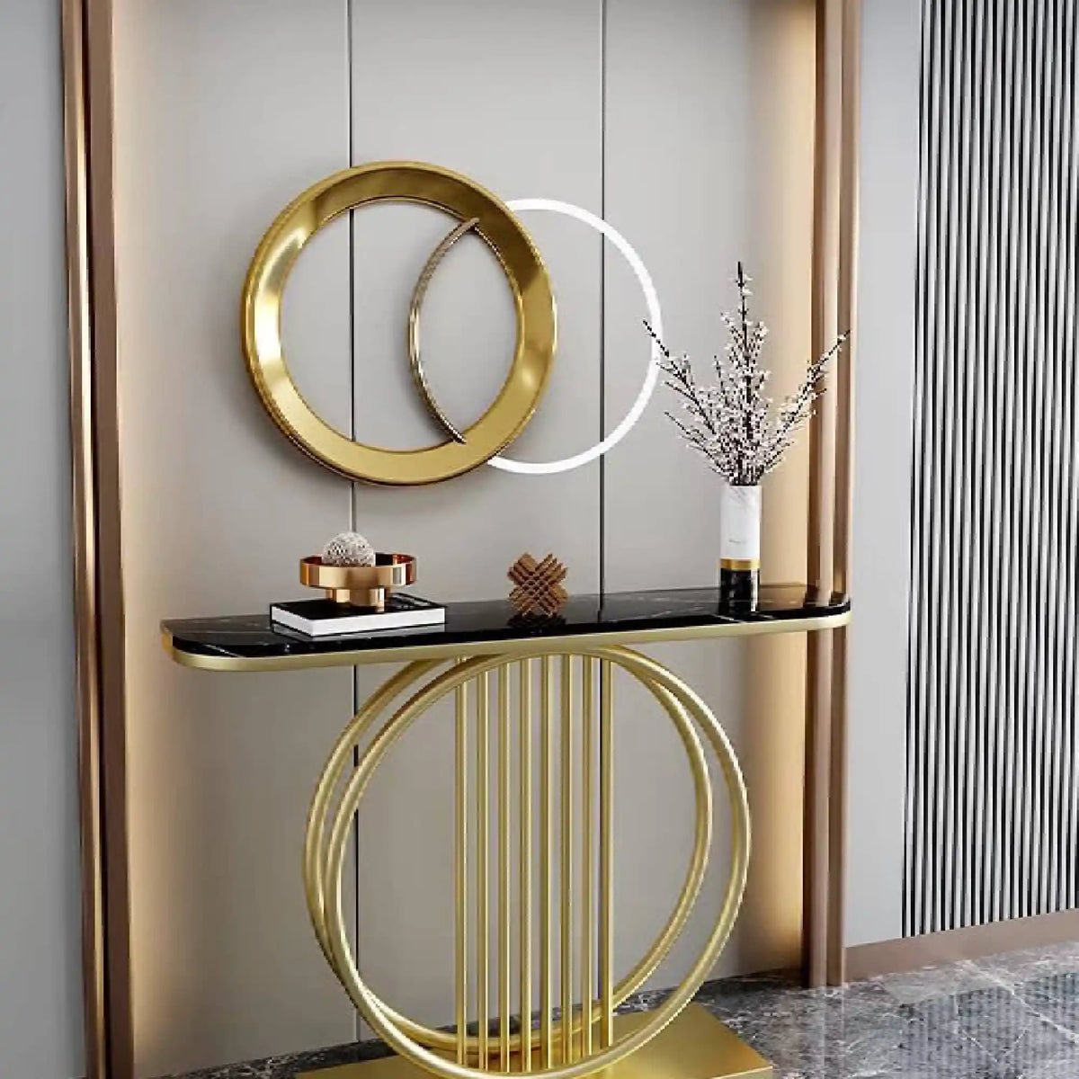 Circular Decorative Golden Metal with Black Marble Finish Stylish Console Table