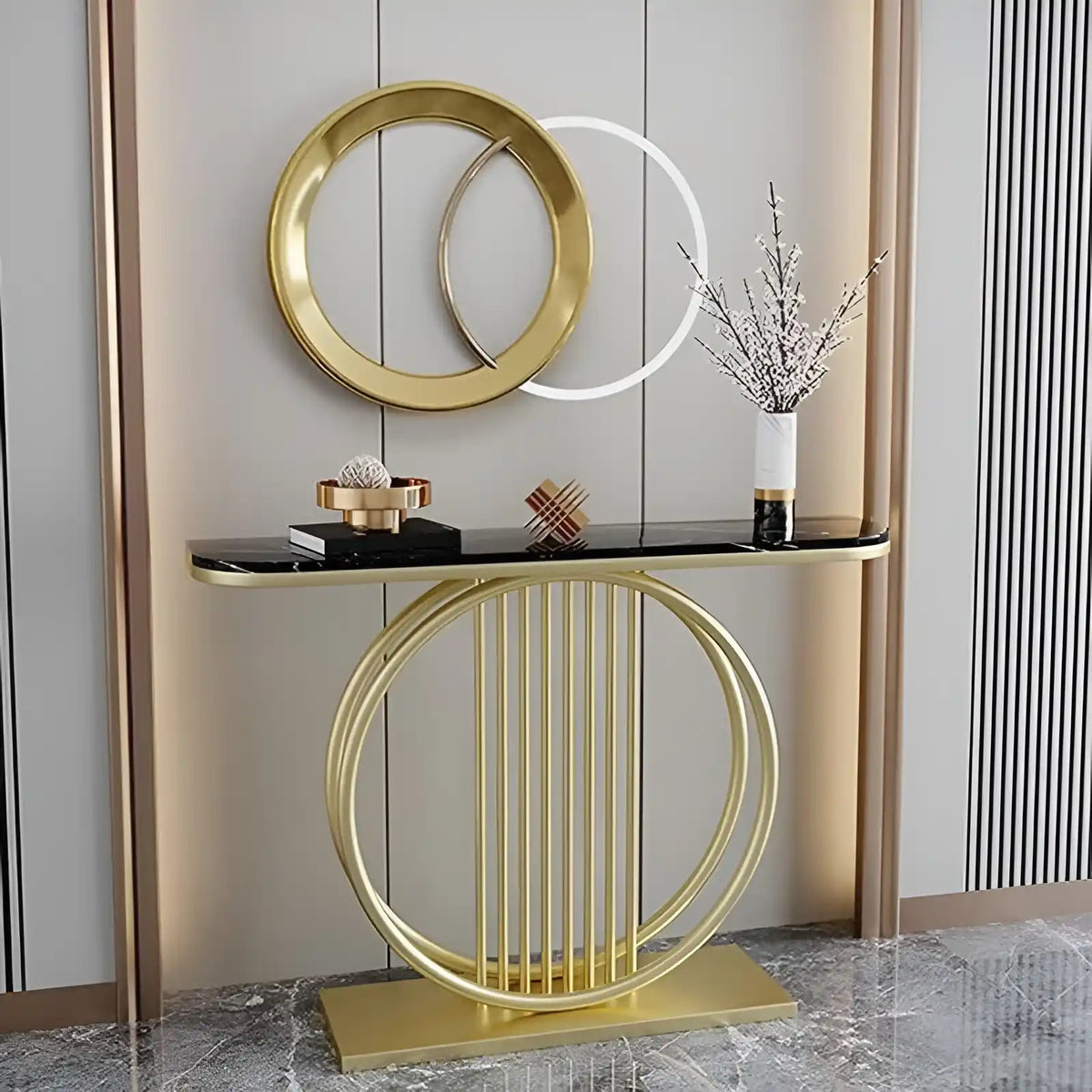 Circular Decorative Golden Metal with Black Marble Finish Stylish Console Table