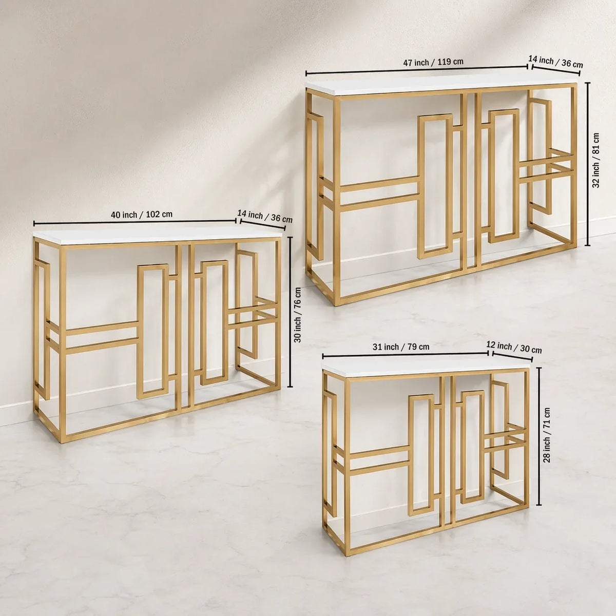 Classic Console Table with White Marble in Golden Metal Finish