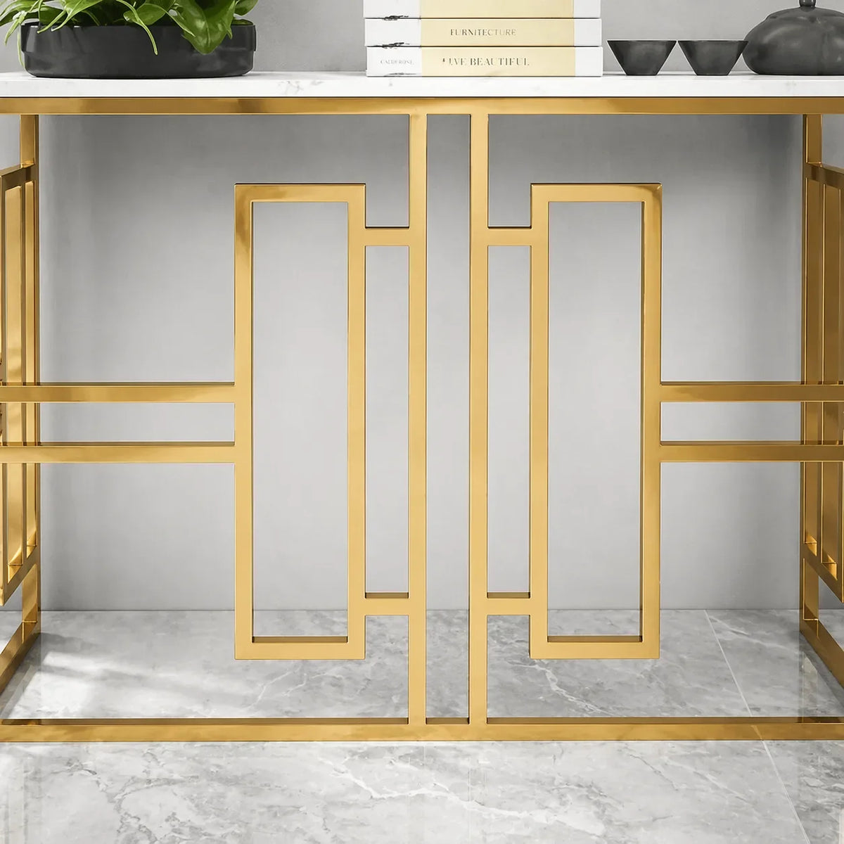 Classic Console Table with White Marble in Golden Metal Finish
