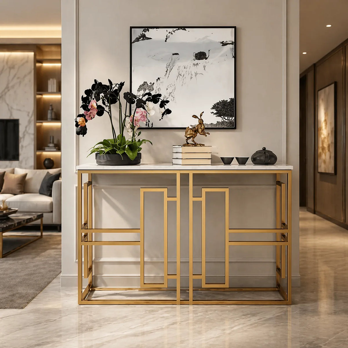 Classic Console Table with White Marble in Golden Metal Finish