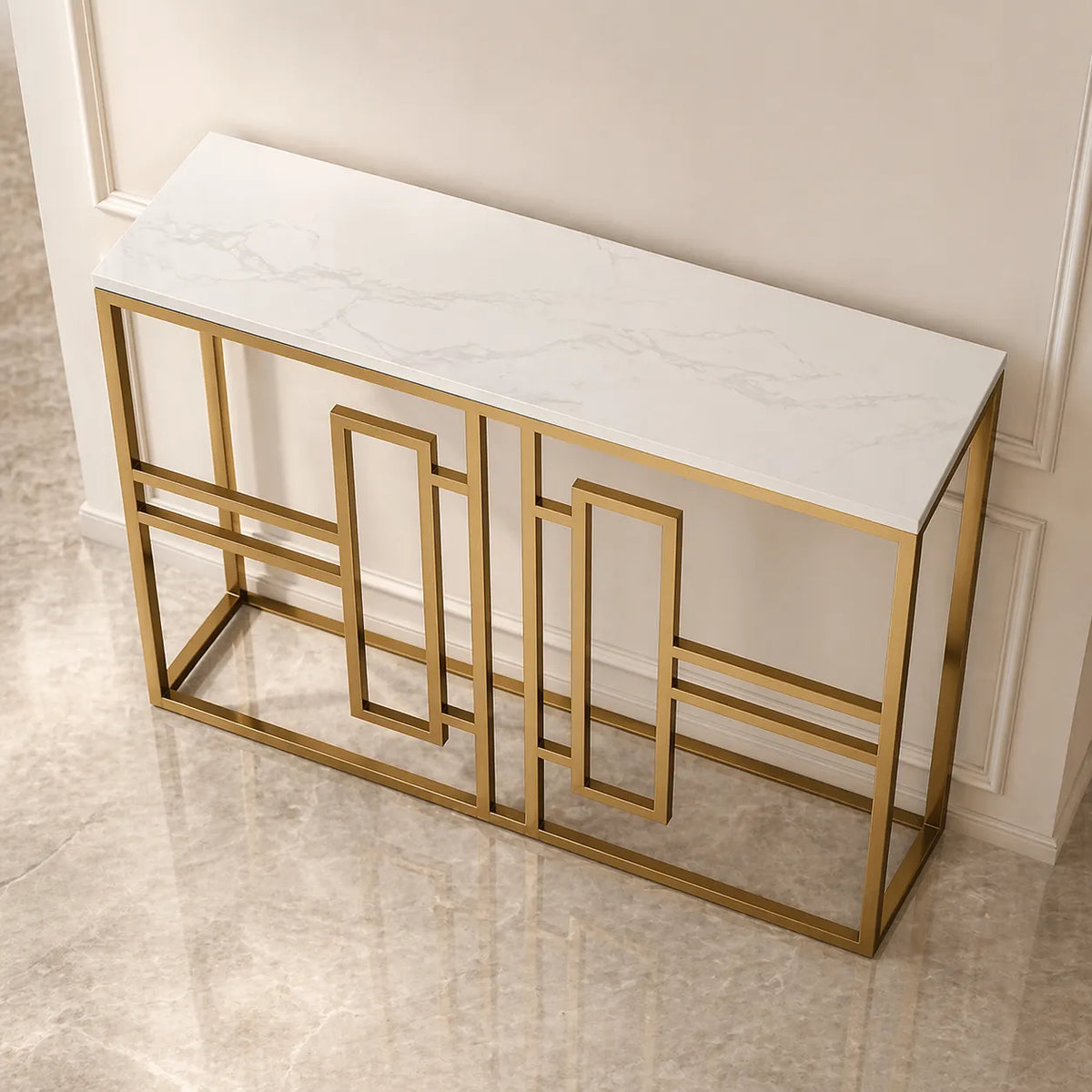 Classic Console Table with White Marble in Golden Metal Finish