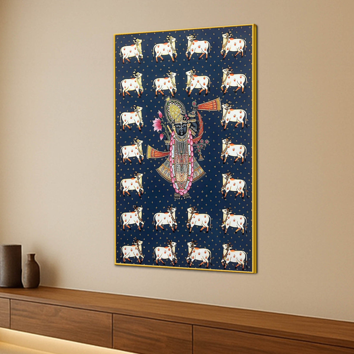 Classic Nathdwara Shreenathji Cow Theme Pichwai Canvas Wall Painting for Home