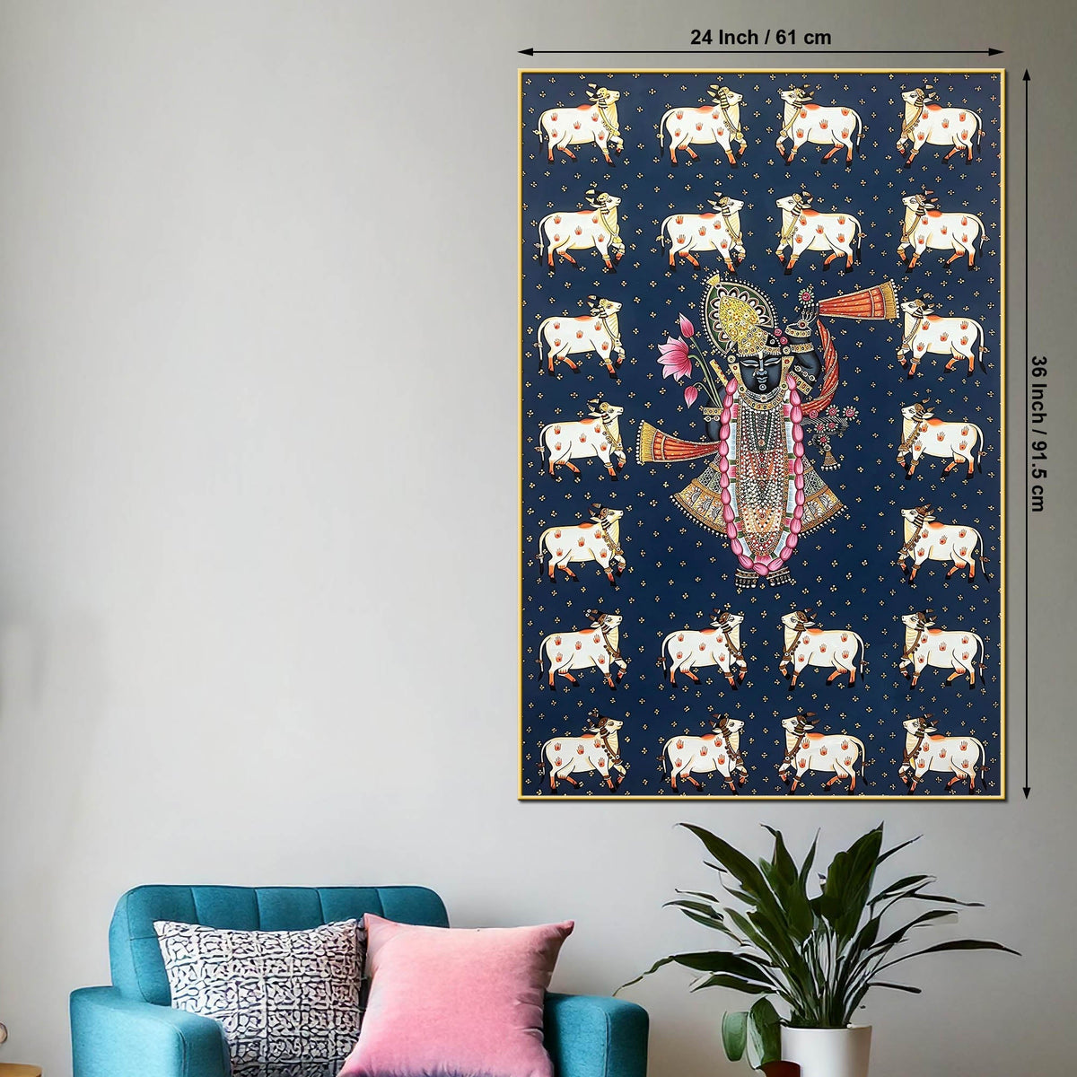 Classic Nathdwara Shreenathji Cow Theme Pichwai Canvas Wall Painting for Home
