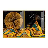 Classic Nature Art with Golden Textured Acrylic Art Floating Wall Painting Set of 2