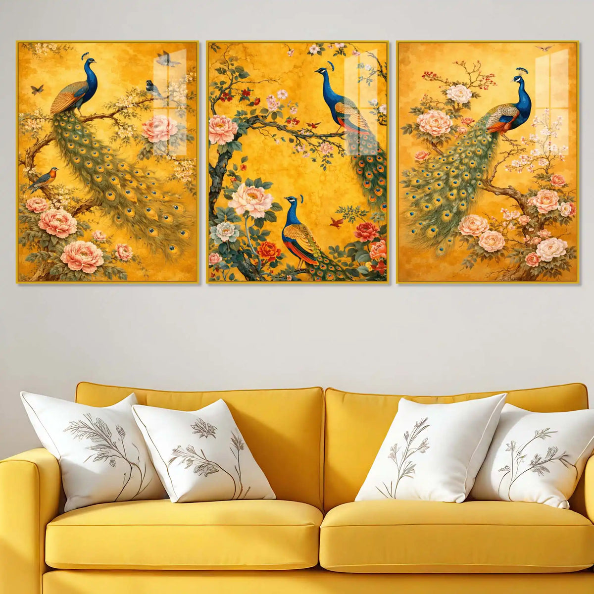 Classic Peacock and Blossom Floating Acrylic Wall Painting Set of 3