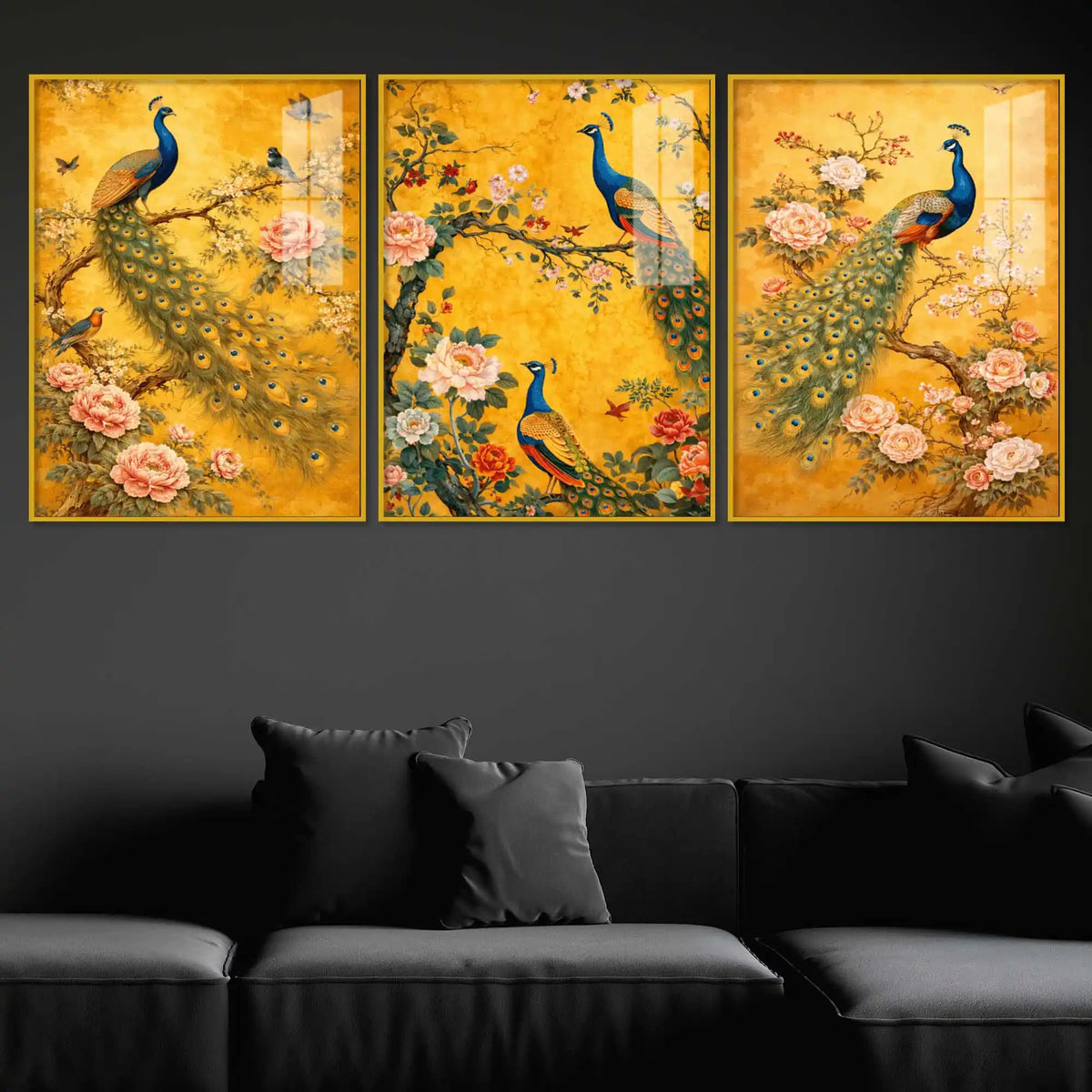 Classic Peacock and Blossom Floating Acrylic Wall Painting Set of 3