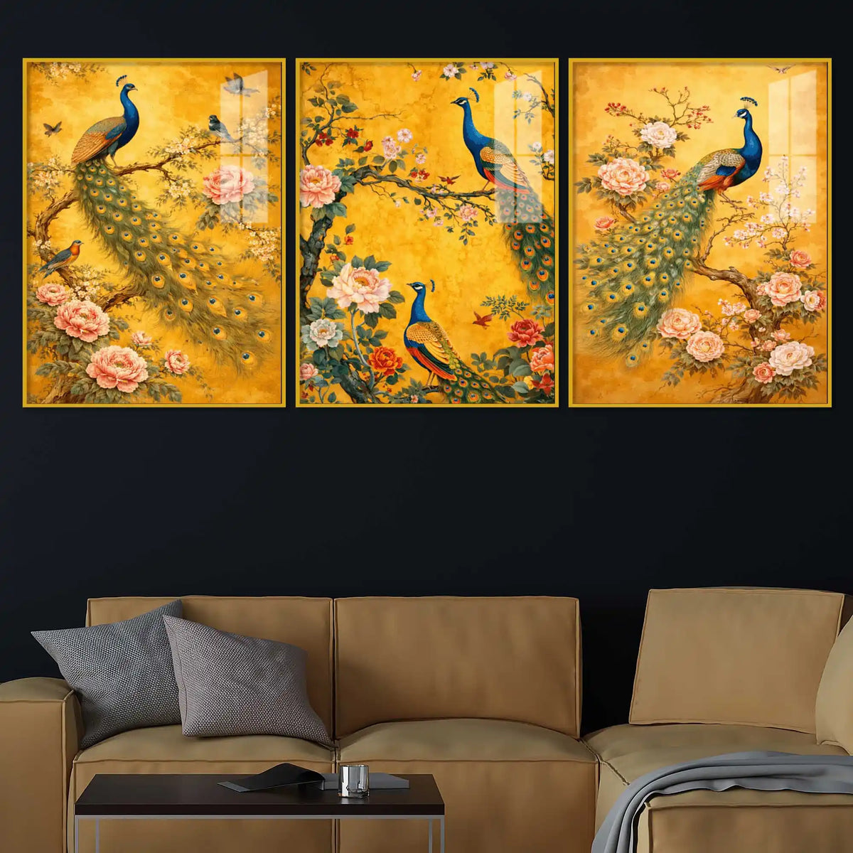Classic Peacock and Blossom Floating Acrylic Wall Painting Set of 3