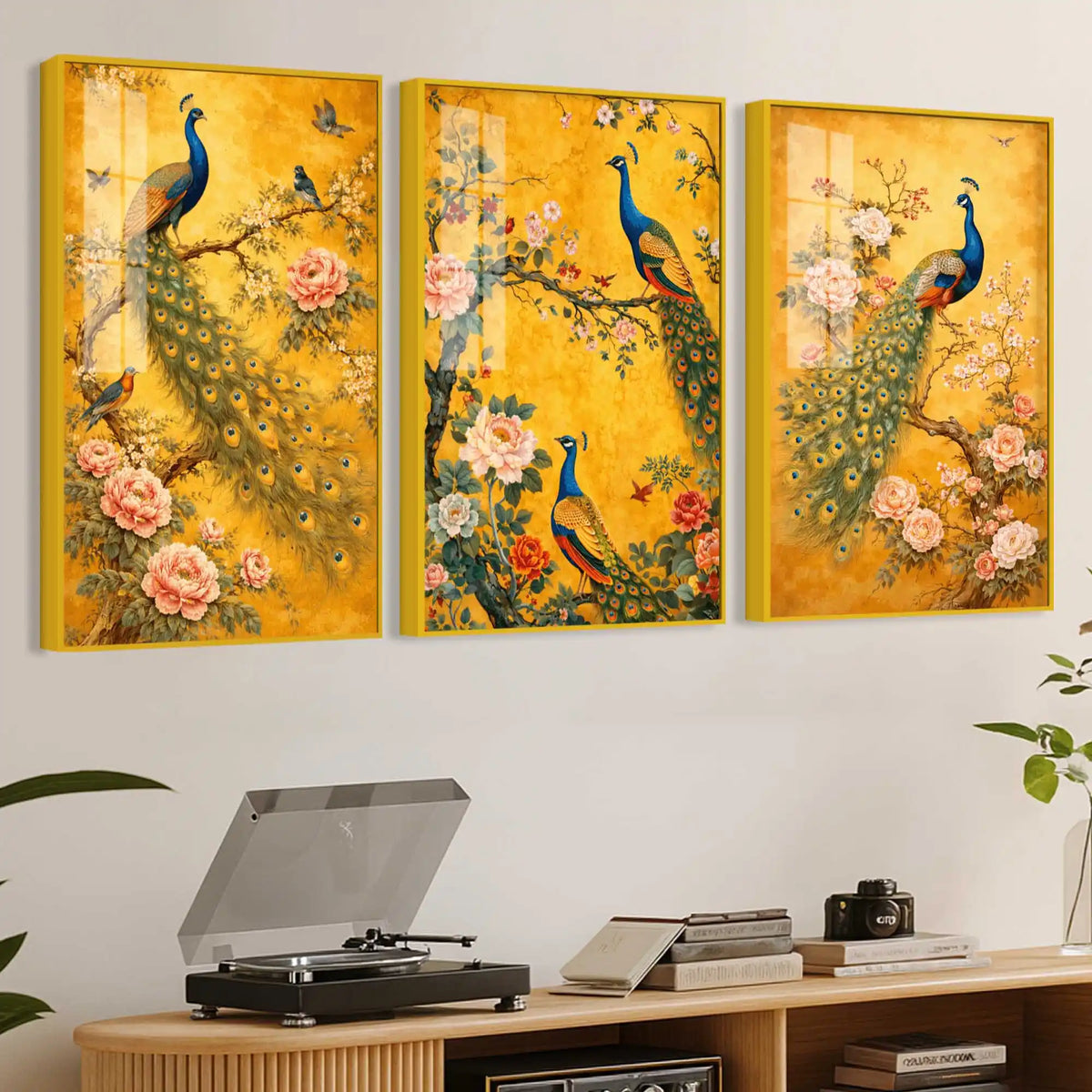 Classic Peacock and Blossom Floating Acrylic Wall Painting Set of 3