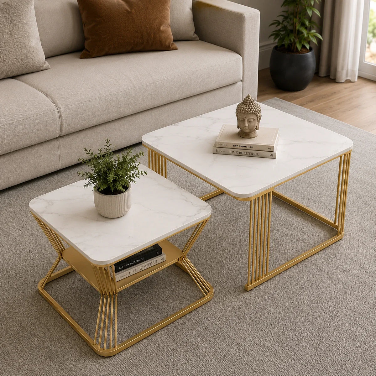 Classic Square Tethered Golden Metallic Table Set of 2