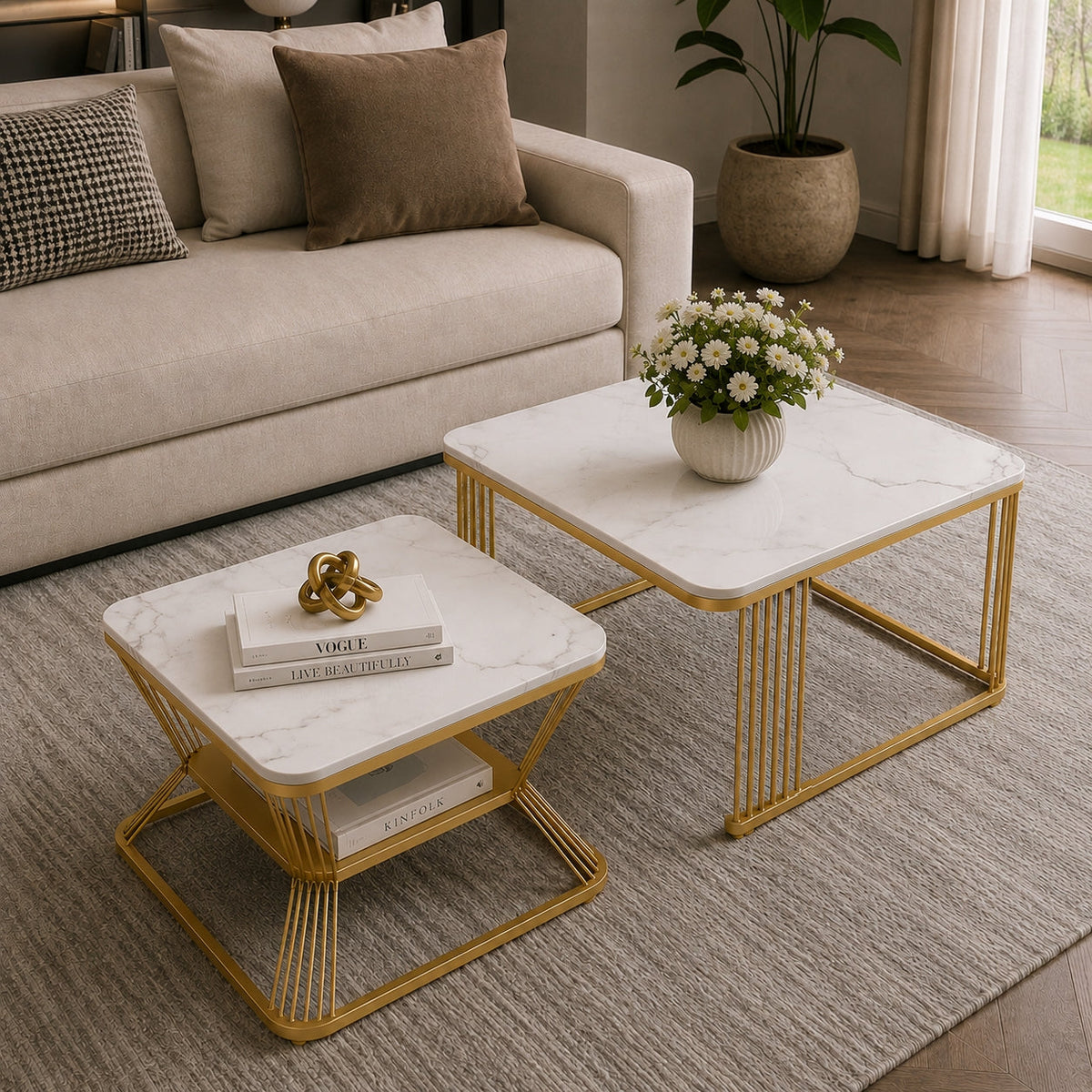 Classic Square Tethered Golden Metallic Table Set of 2
