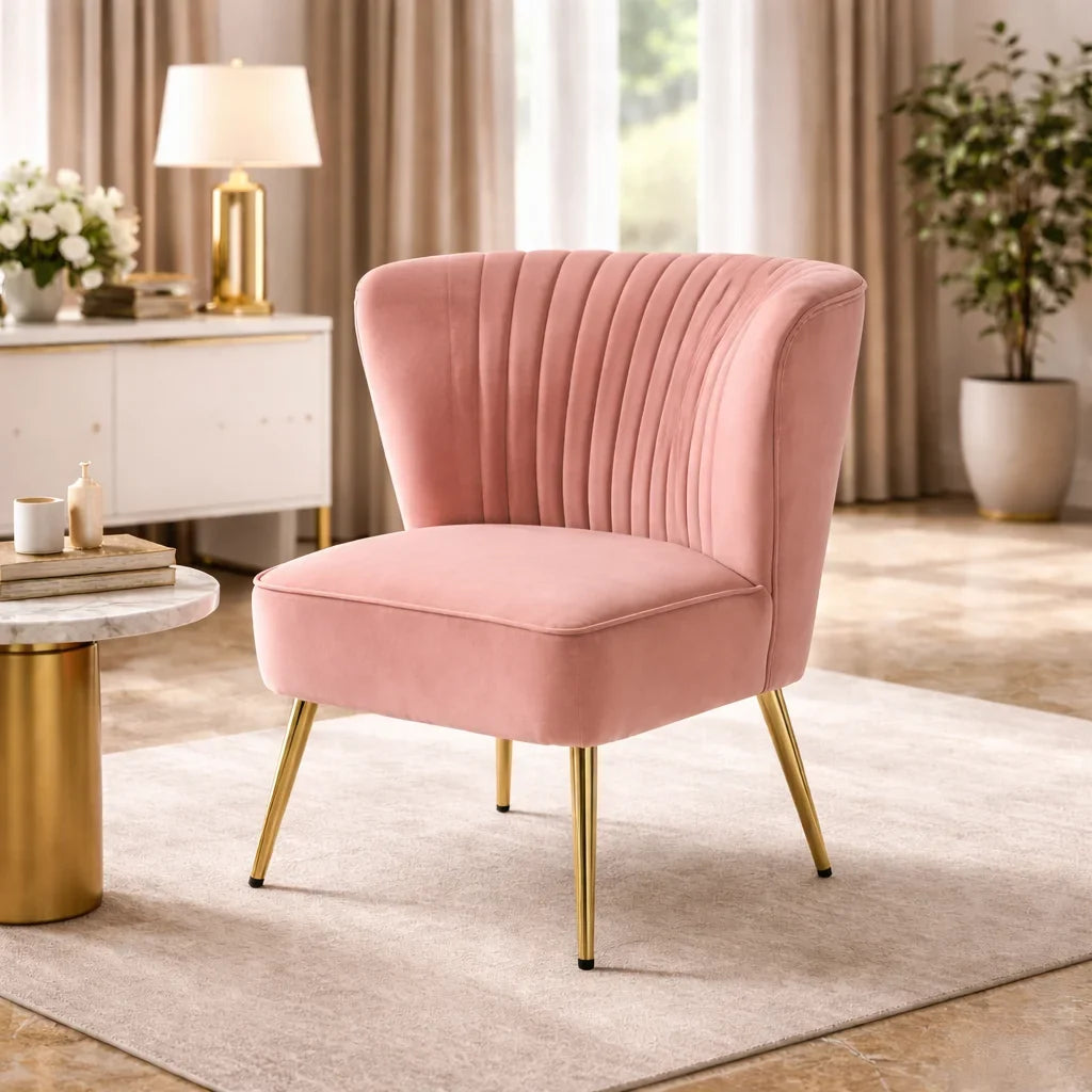 Classic Style Curved Back Pink Velvet Accent Chair