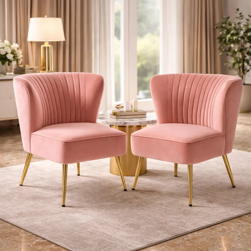 Classic Style Curved Back Pink Velvet Accent Chair