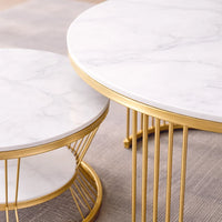 Classic Style White Marble Complementing Golden Coffee Table Set of 2