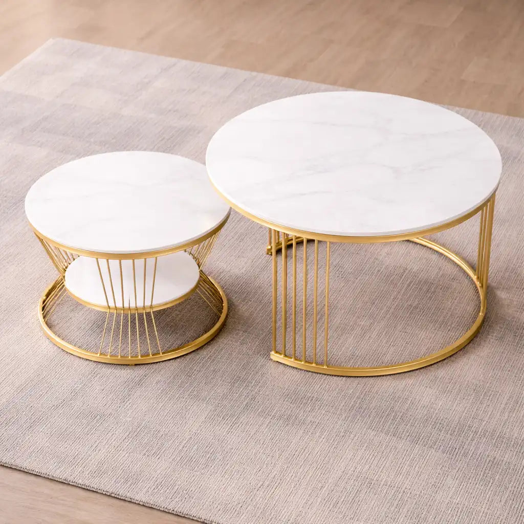 Classic Style White Marble Complementing Golden Coffee Table Set of 2