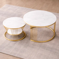 Classic Style White Marble Complementing Golden Coffee Table Set of 2