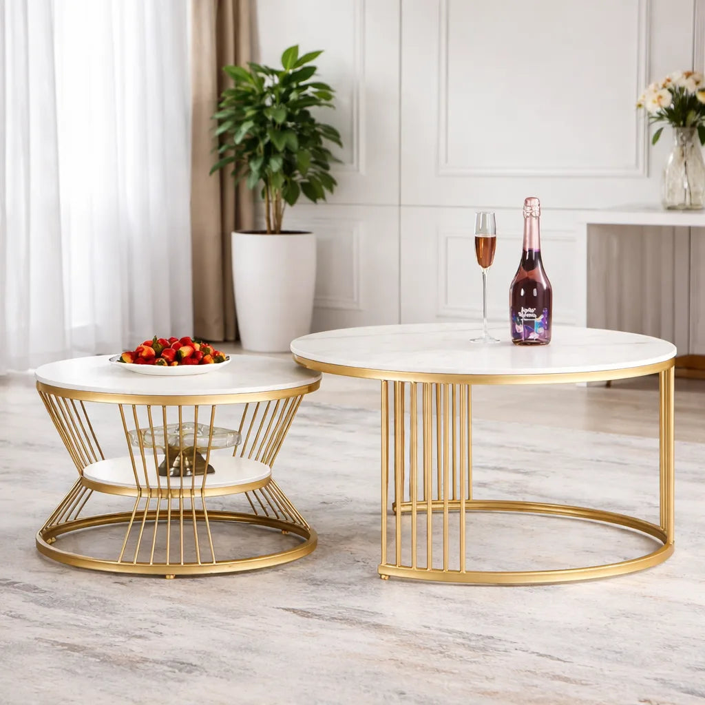 Classic Style White Marble Complementing Golden Coffee Table Set of 2