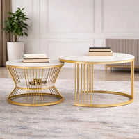 Classic Style White Marble Complementing Golden Coffee Table Set of 2