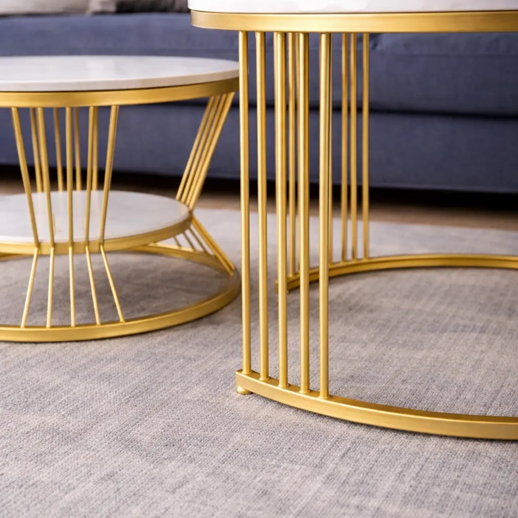 Classic Style White Marble Complementing Golden Coffee Table Set of 2