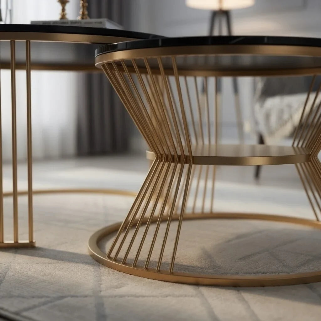 Classic Tethered Metallic Black Marble Table Set of 2