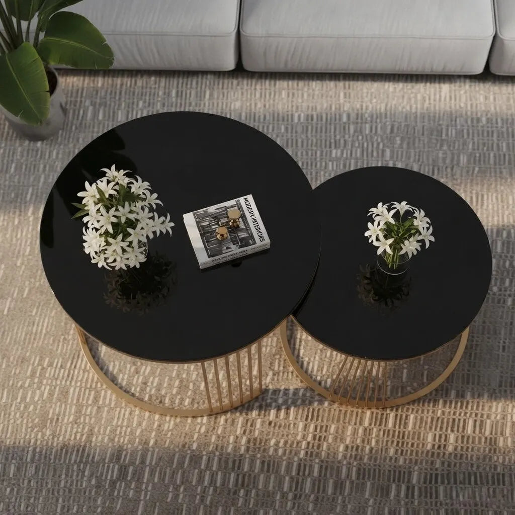 Classic Tethered Metallic Black Marble Table Set of 2