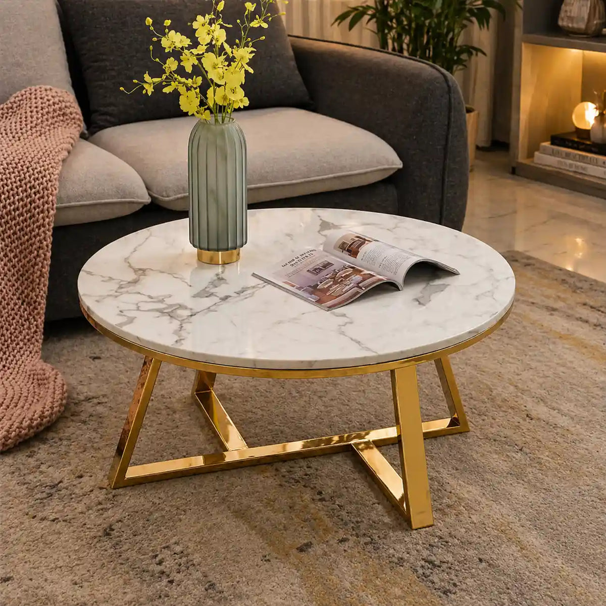 Classic White Hamilton Marble Round Coffee Table Set of 2