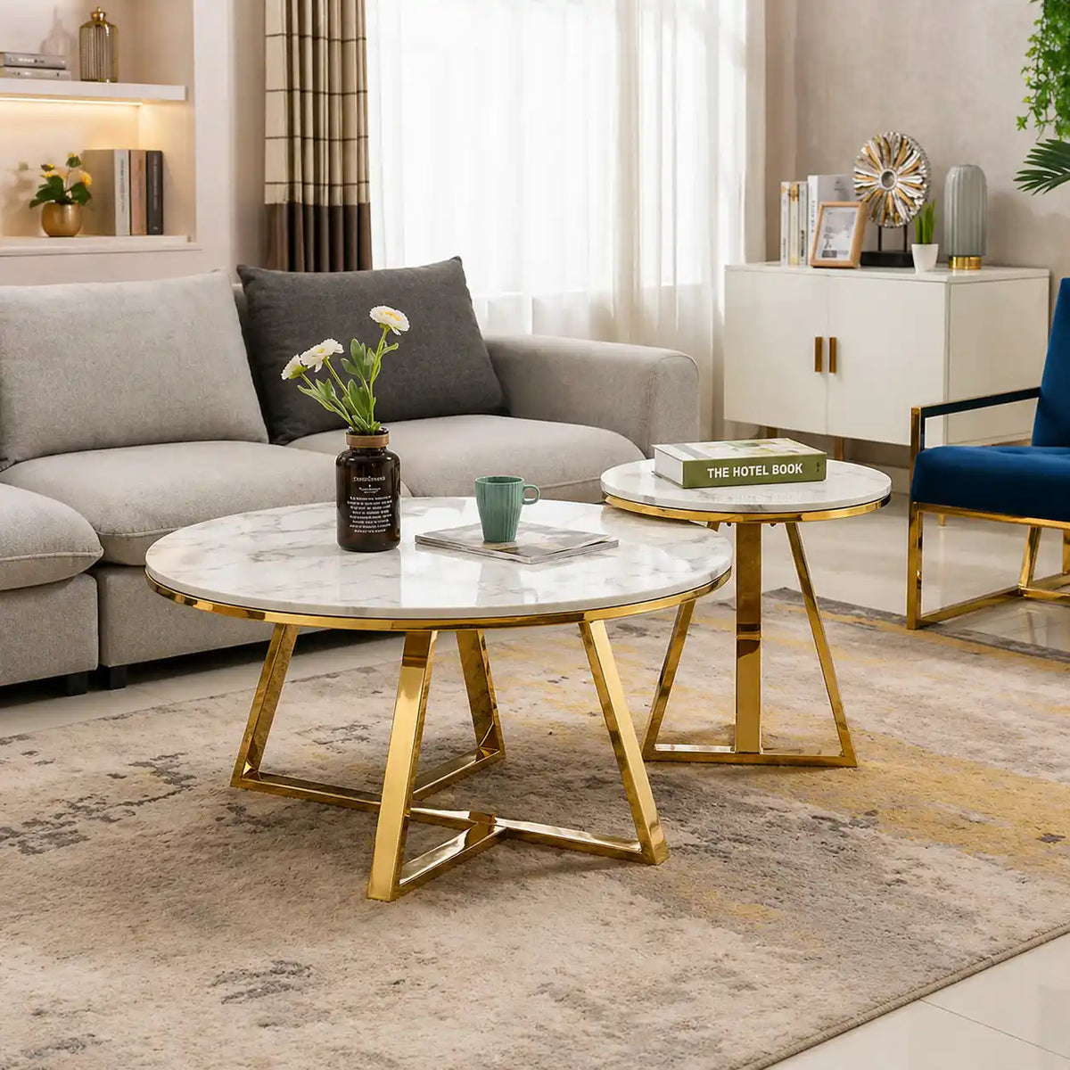 Classic White Hamilton Marble Round Coffee Table Set of 2