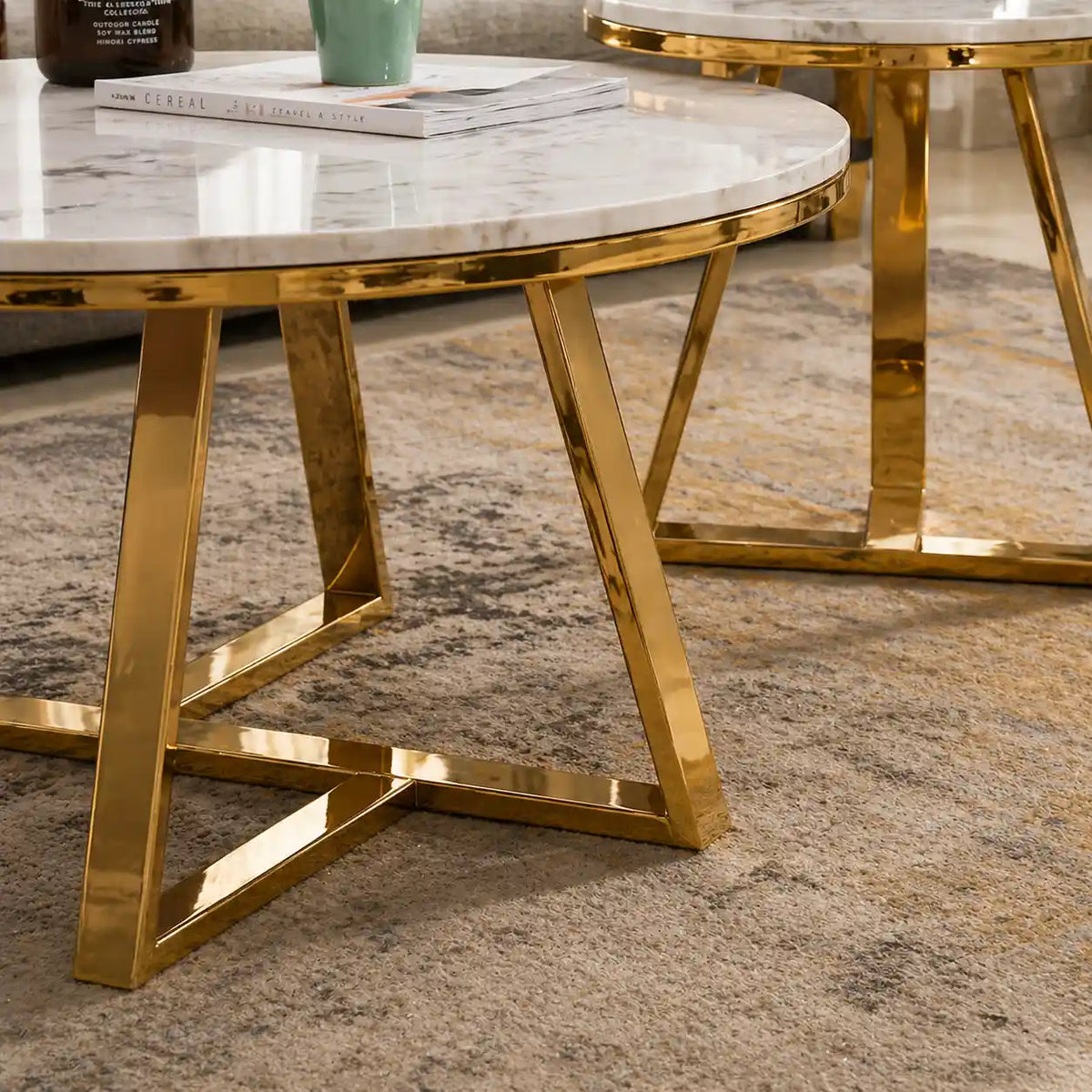 Classic White Hamilton Marble Round Coffee Table Set of 2
