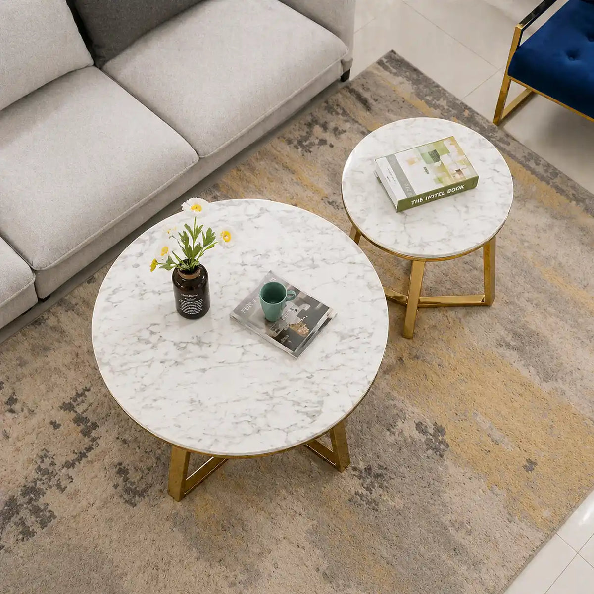 Classic White Hamilton Marble Round Coffee Table Set of 2