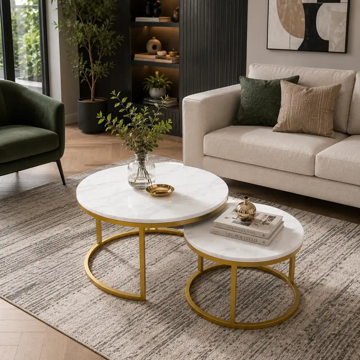 Classic White with Golden Metallic Finish Round Coffee Table Set of 2